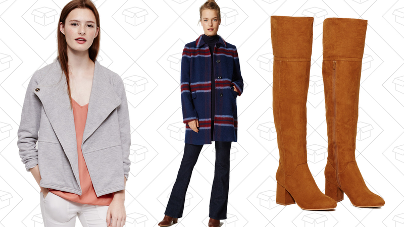 Lou & Grey Terry Crossover Moto Jacket, $35 | Brushed Plaid Coat, $85 | Over The Knee Boots, $89